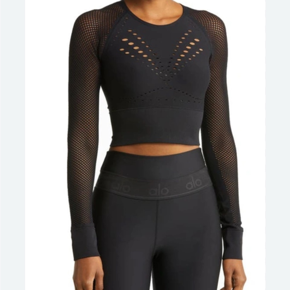 Alo Yoga Black Seamless Open Air Fishnet Long Sleeve Crop Top